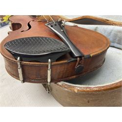 Mid-19th century German violin with 36cm two-piece maple back and ribs and spruce top, bears label 'Riccardo Antoniazzi Cremonese fece in Milano l'anno 1896' L59.5cm overall; in walnut case with two part bows