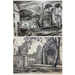 Edgar Holloway (British 1914-2008): 'Hurstpierpoint' West Sussex, drypoint etching signed and numbered 3/100 in pencil, signed titled and dated 1976 in the plate 20cm x 27cm; 'Keymer', miniature drypoint etching signed and inscribed 'Best Wishes 1979' in pencil, titled in the plate 5cm x 7cm with full margins (10cm x 13cm full sheet) (unframed) (2)