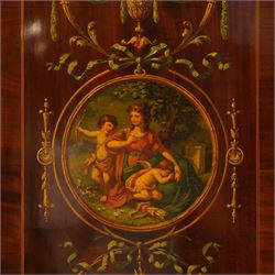 19th century French Louis XVI design mahogany and polychrome painted gentleman's press wardrobe - projecting cavetto cornice with urn and bellflower painted frieze, the twin doors with classical figural medallions surmounted by urns and festoon decoration with scrolling acanthus leaves, enclosing five sliding trays, the base fitted with two short over three long cock-beaded drawers, the facias painted with interlocking swags and garlands of bouquets with recumbent lion brass handle-plates, lower reeded edge on turned feet