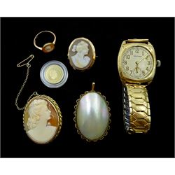 Two 9ct gold cameo brooches and a ring, Waltham 9ct gold gentleman's manual wind presentation wristwatch, Birmingham 1936, on expanding gilt strap, 2012 gold half crown and a gilt pendant