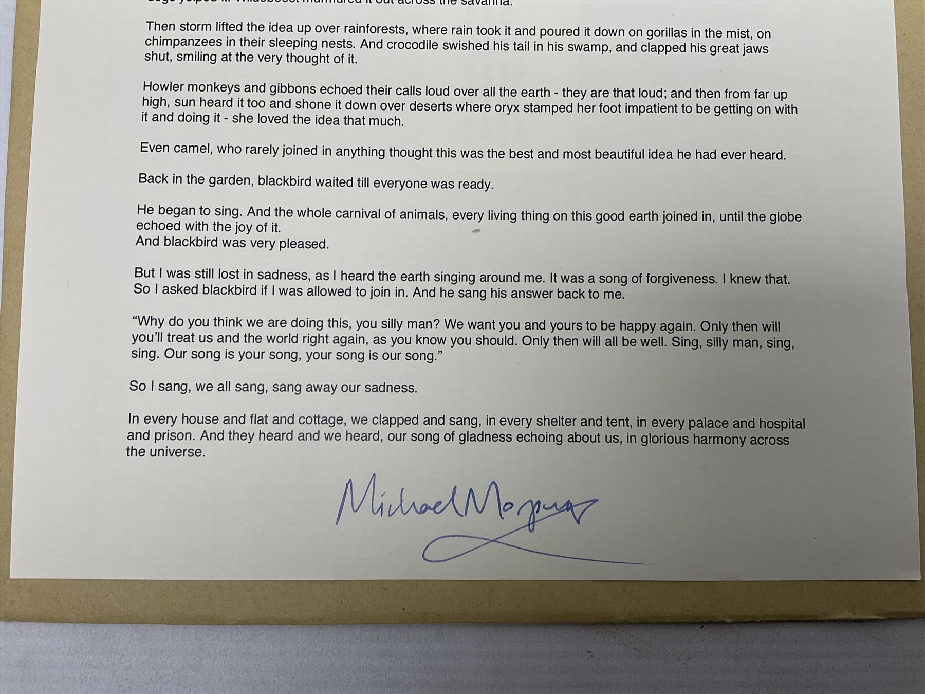 Michael Morpurgo (British 1943-): 'A Song of Gladness', printed poem on A4 signed and dedicated 'For Ingrid' in blue ink 
Provenance: dedicated to the vendor's sister