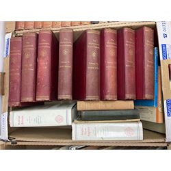 Collection of books, to include eight volumes of The Harmsworth Encyclopaedia, Dicken novels, readers digest books etc in five boxes