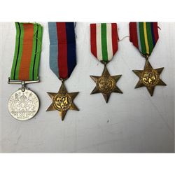 Eight WW2 medals comprising two War Medals 1939-1945, two Defence Medals, Atlantic Star, Italy Star, Pacific Star and 1939-1945 Star; all with ribbons (8) 