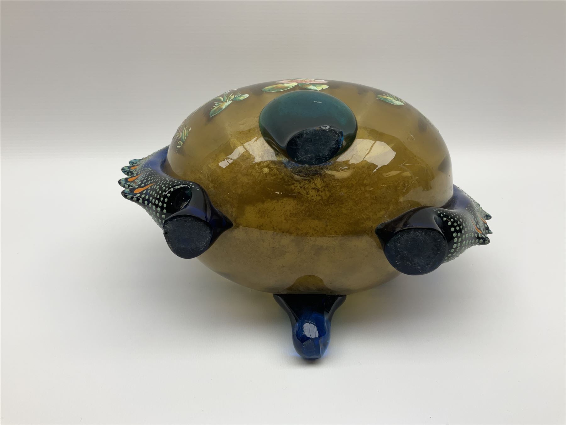 Pair of 19th century glass vases in the style of Auguste Jean, of bulbous form with lobed rim and applied blue glass zoomorphic handles, painted with enamel flowers, dragonflies and swans, upon four blue glass feet, H26cm