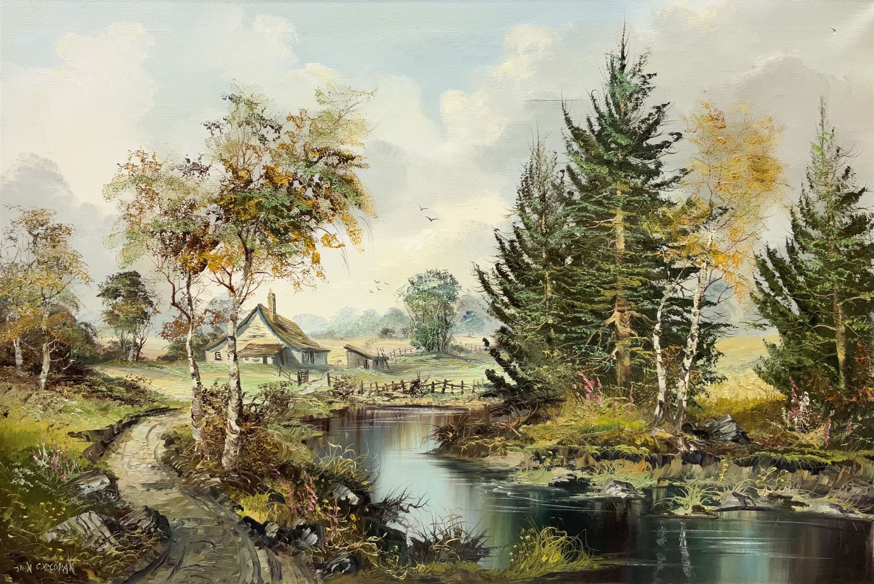 John Corcoran (British 1942-): Cottage in a Woodland Landscape, oil on canvas signed 60cm x 90cm