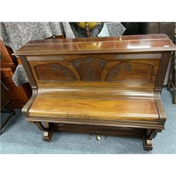 Early 20th century mahogany cast iron overstrung upright piano by Wilhelm Menzel Berlin