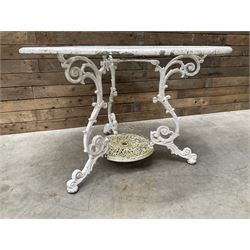 Victorian design cast aluminium circular garden table (D109cm, H72cm) and six armchairs 