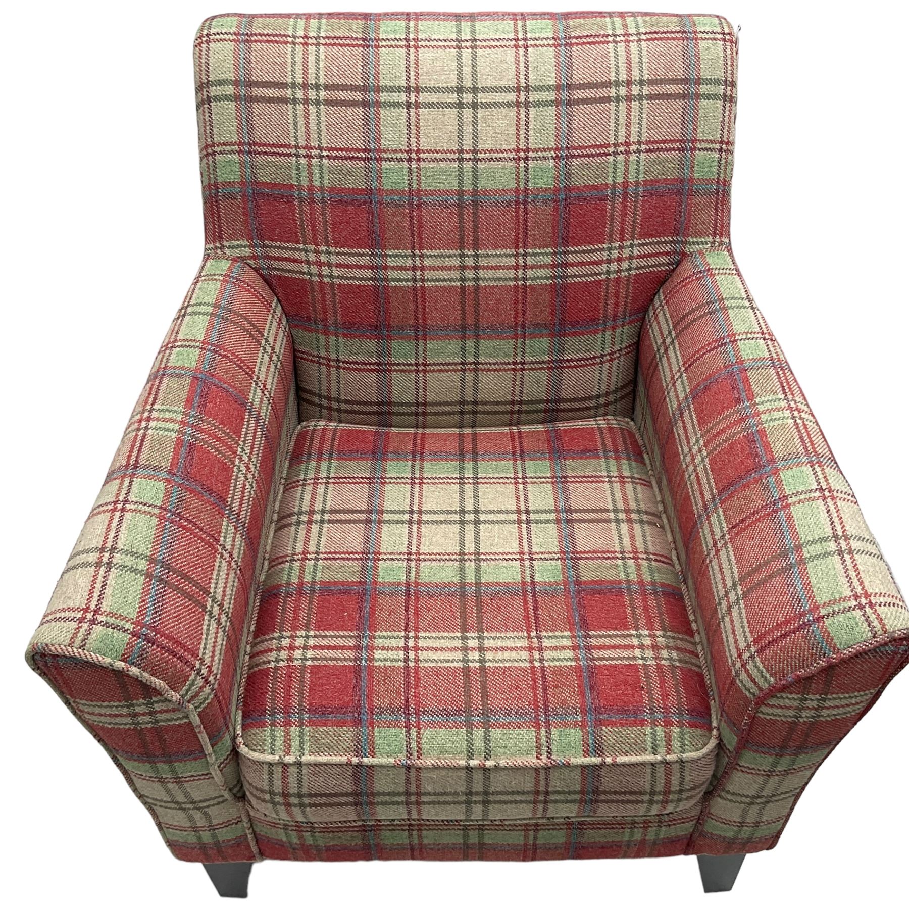 Next Home - traditional shaped armchair, upholstered in tartan fabric, raised on square tapering ebonised supports