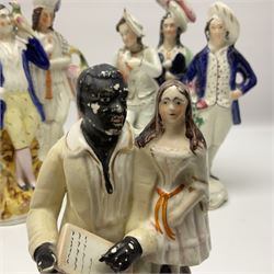 19th century and later Staffordshire pottery figures, to include Highlanders, Uncle Tom and Eva, figure with a bird etc
