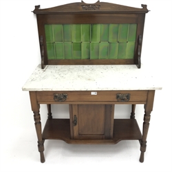 Edwardian mahogany washstand, raised tiled back, marble top above single drawer, turned supports joined by solid stretched and single cupboard, W92cm, H140cm, D50cm