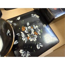 Papier mache boxes, including glove box, jewellery box and two square boxes and a crumb tray