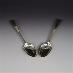 Pair of George III silver Old English pattern table spoons with bright cut decoration and ...