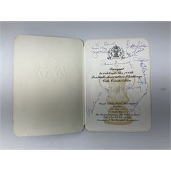 Hull City AFC 1947 presentation dinner menu/programme bearing twenty-four signatures including Bill Bly, David Davidson, Wilf Hassall, Harry Brown, Frank Buckley (Manager), Alderman Robinson Lord Major of Hull etc; and FA Cup 1981 Centenary Banquet menu/programme bearing multiple signatures including Bobby Robson, Ron Greenwood, Tom Finney, Tony Book, Frank McLintock, Bobby Kerr, Emlyn Hughes, Don Welsh, Johnny Carey etc; Provenance: By direct descent from the family of Raich Carter having been consigned by his daughter Jane Carter (2)