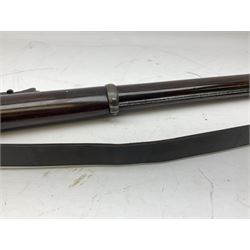 19th century Parker Field & Co. Holborn London P53 Volunteers .577 Enfield muzzle loading musket, the 96.5cm barrel with three barrel bands and ramrod under, brass furniture and snap cap for dry firing, civilian proof marked, bayonet with scabbard and leather sling L137cm excluding bayonet