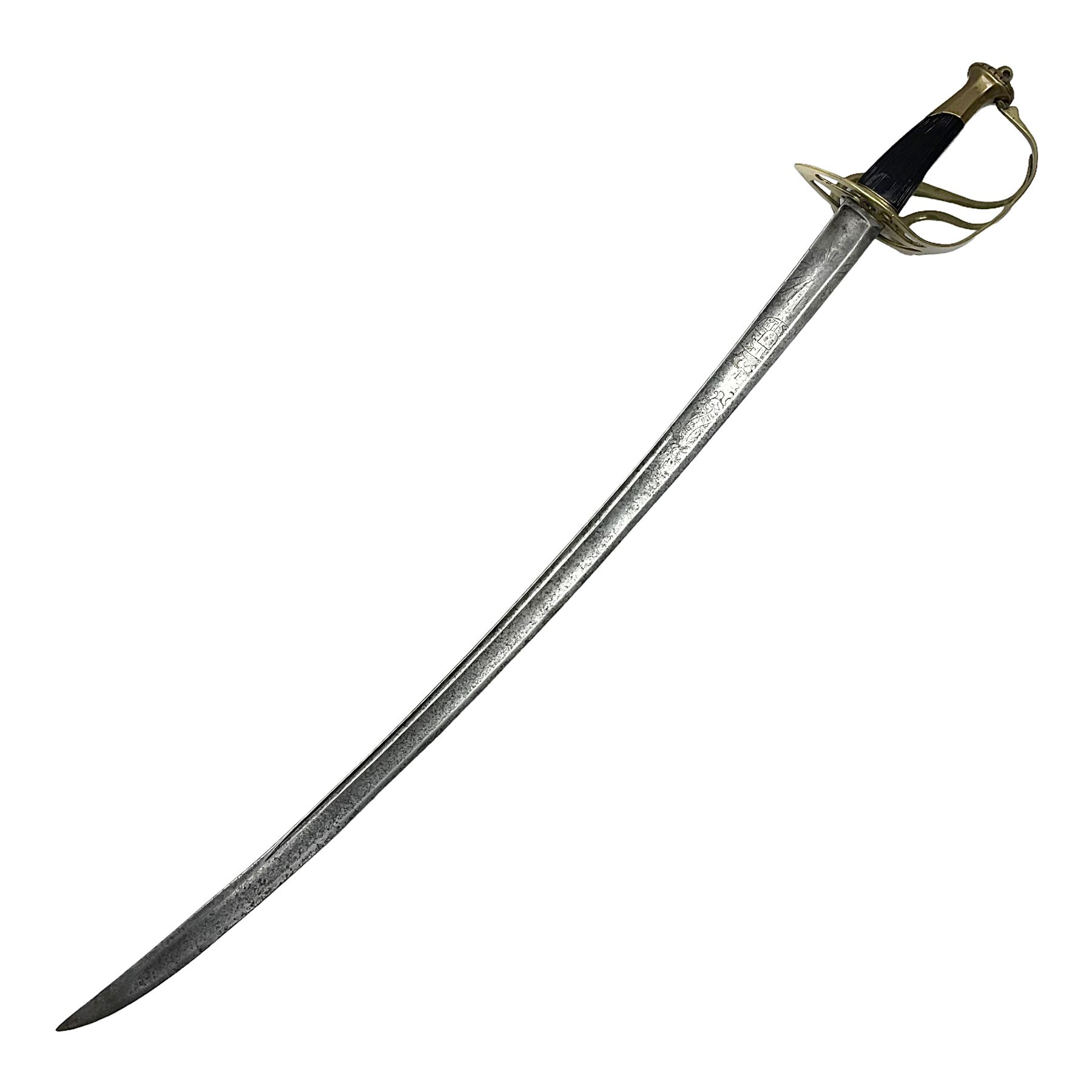 Late 18th century sword, the Spanish 79.5cm curving fullered blade engraved with the Royal Cypher, battle trophies and 'Viva Espania' banner, French Sabre de Mineur brass three-bar hilt with ebonised reeded grip L93.5cm overall (no scabbard)