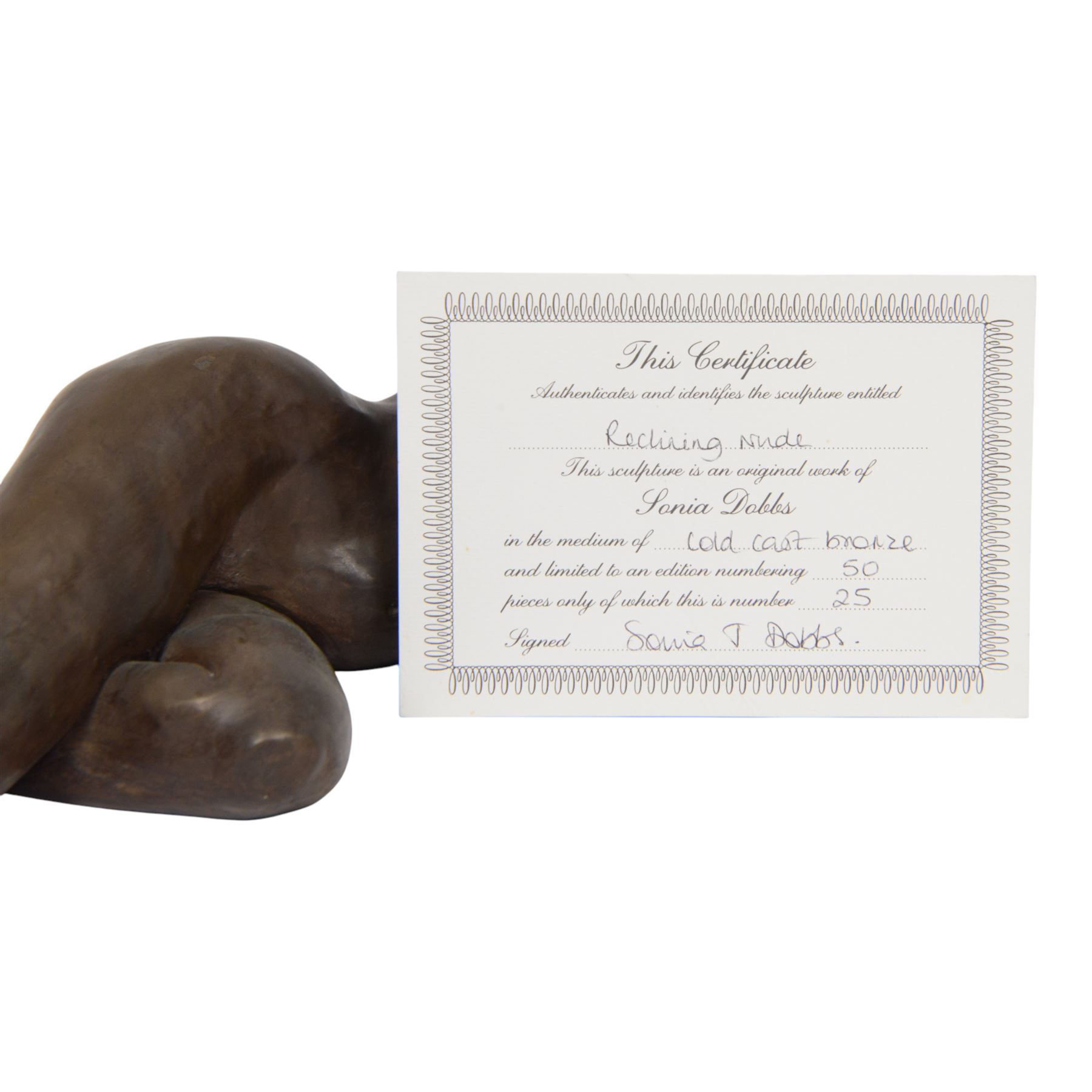 Sonia Dobbs: Reclining Nude, cold cast bronze, signed beneath, with certificate of authenticity, H13cm 