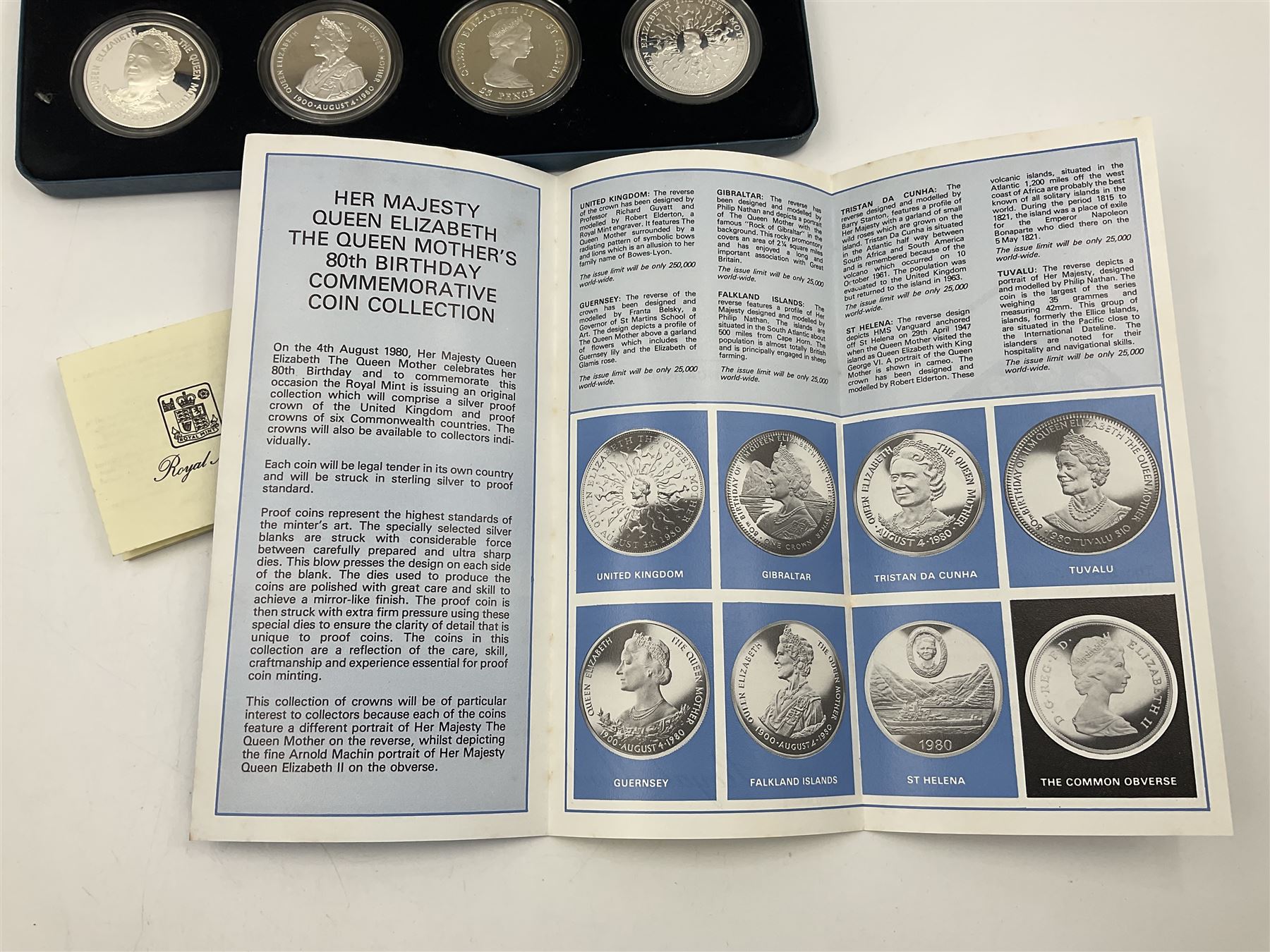 The Royal Mint silver proof seven coin set, comprising United Kingdom and six Commonwealth crowns, commemorating 'Her Majesty Queen Elizabeth The Queen Mother's 80th Birthday', cased with certificate