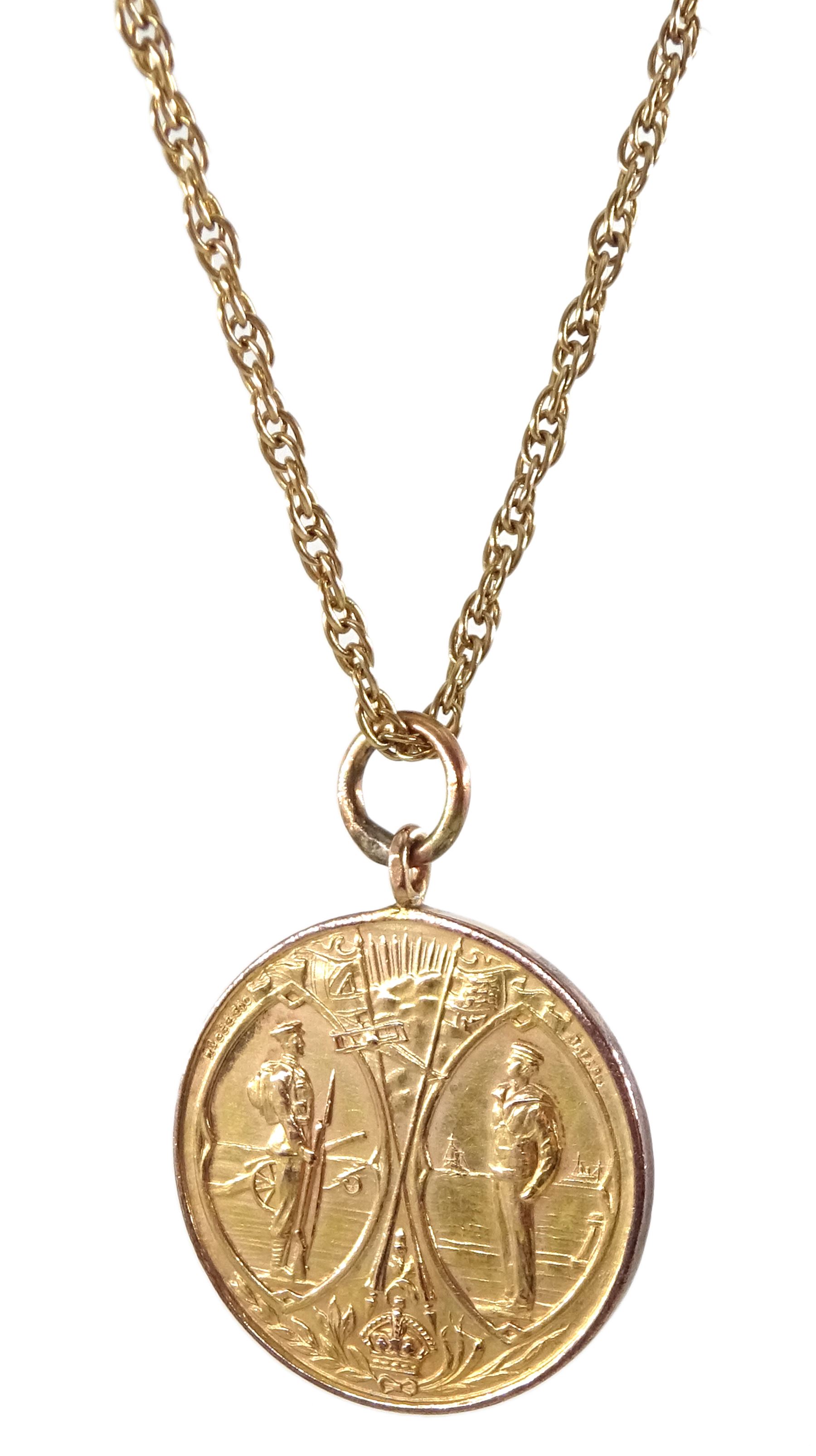 9ct gold medallion pendant depicting WW1 soldier and sailor by Thomas Fattorini, Birmingham 1919, engraved 'Presented to G.W.Childs from The H.H.W.C.' verso, on 9ct gold necklace chain