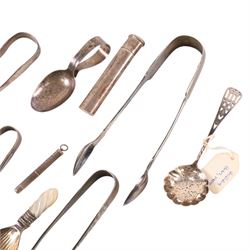 Silver cigar piercer, hallmarked together with silver medicine spoon, pencil case and other silver and three plated sugar tongs   