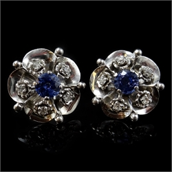  Pair of 18ct white gold sapphire and diamond flower petal ear-rings, stamped 750  