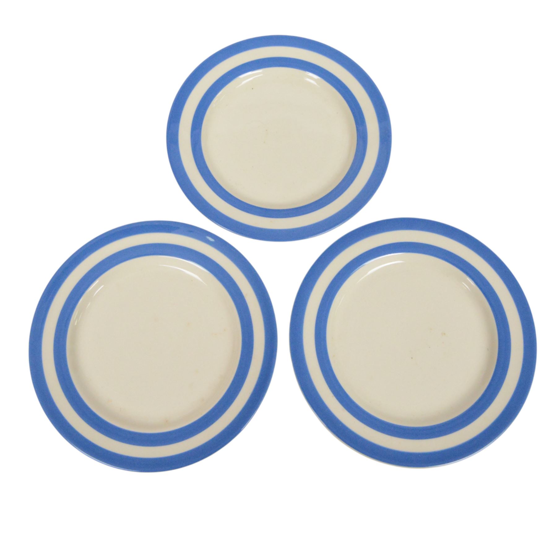 TG Green T.G. Green Cloverleaf blue and white striped pattern Cornishware, six dinner plates and nine side plates, together with a similar covered sucrier 