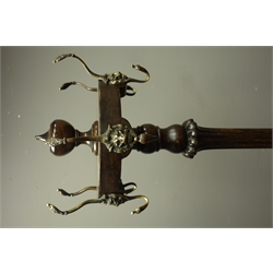  Edwardian oak hat and coat stand, with six lion mask cast brass scroll hooks and urn finial on lobed column support, stepped circular base on angular feet, H169cm  