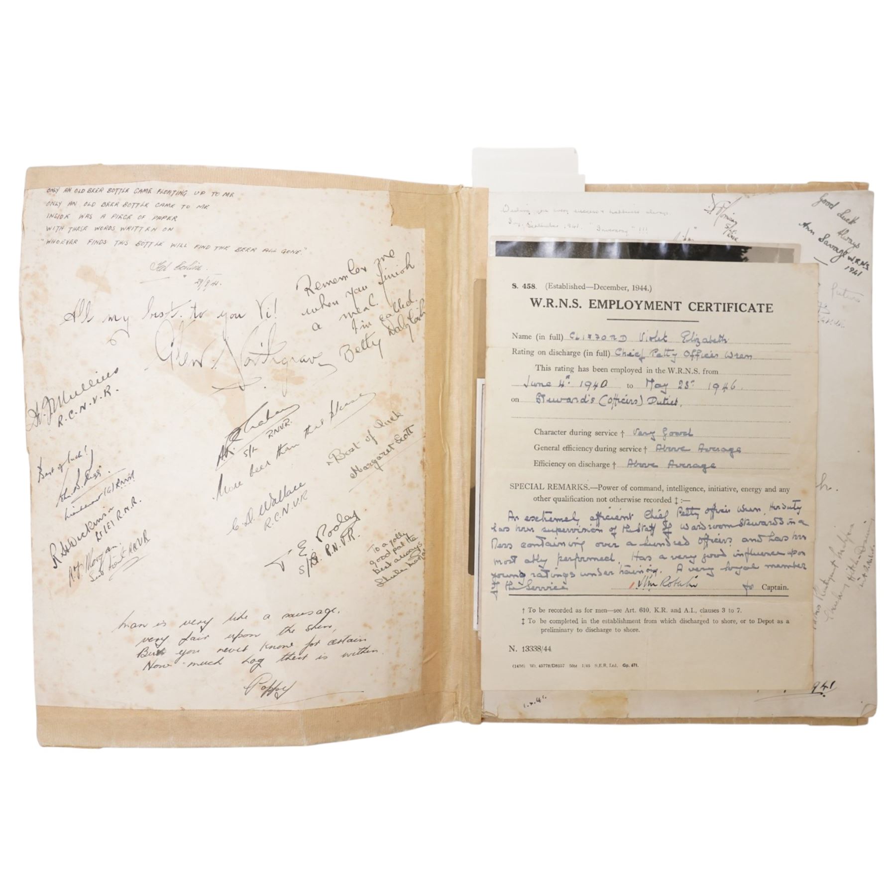 Violet Elizabeth Clifford - Chief Petty Officer 1940-1946, copy of Greenwich Palace  Guide Book containing a collection of photographs, autographs, drawings etc collected during her time at the Combined Operations Training Centre, Inverary which closed in 1946, together with a White Ensign 