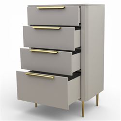 Made.com - 'Ebro' grey four drawer chest, gold painted metal shaped handles, rounded corners with fluted detail, raised on gold painted metal tapered supports