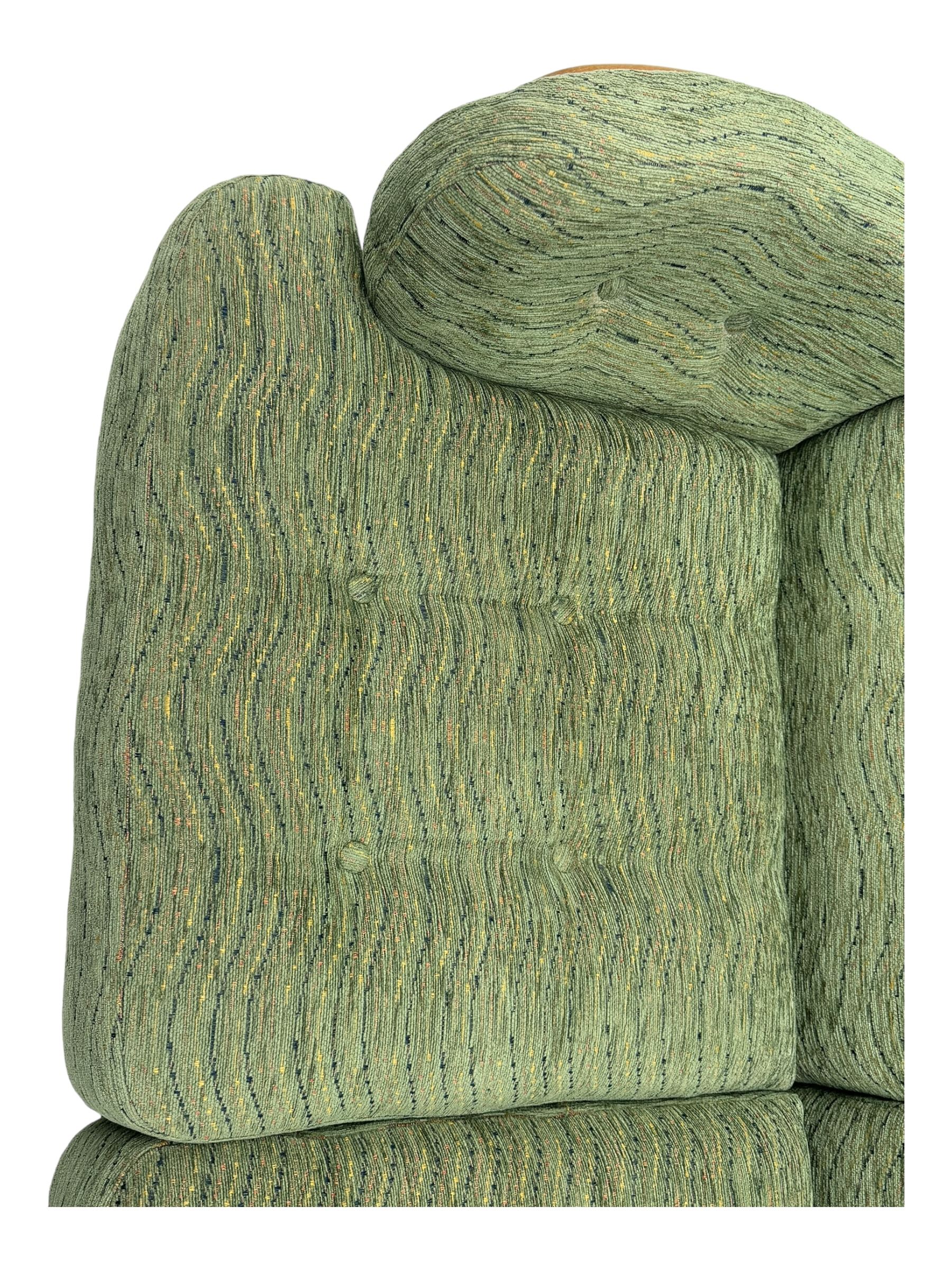 Ercol - mid-20th century three-piece suite, comprising two-seater sofa, upholstered in green fabric with teak frame, on splayed supports with stretcher (W142cm, D95cm, H87cm); with matching pair of armchairs (W82cm, D95cm, H87cm)