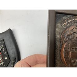 Terry Pratchett Discworld plaques, designed by Clarecraft, comprising 'the First Discworld Event Clarecraft August 95', the collectors guild joining shield, the fools guild DW99C, the seamstresses guild DW98C, the musicians guild DW00C together with 'Door of the mended drum' wall hanging DW17. 