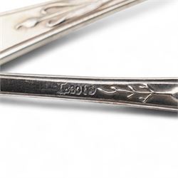 Set of four German 800 standard silver table spoons with floral stems, sifting spoon, unmarked and two teaspoons