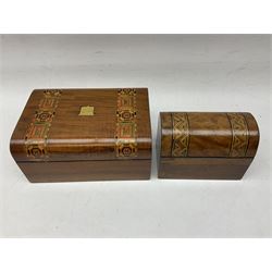 Two walnut Tunbridge Ware boxes, with domed lids and banded inlaid geometric decoration, with brass fixtures and escutcheons, largest L25cm