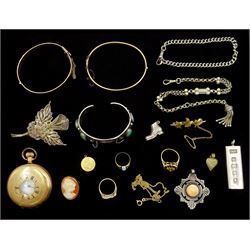 Gold sapphire and diamond chip ring, two other gold stone set rings and a St Christopher's pendant, all 9ct, gold-plated keyless pocket watch, silver bracelet, ingot and fob, 8ct gold cameo and other jewellery