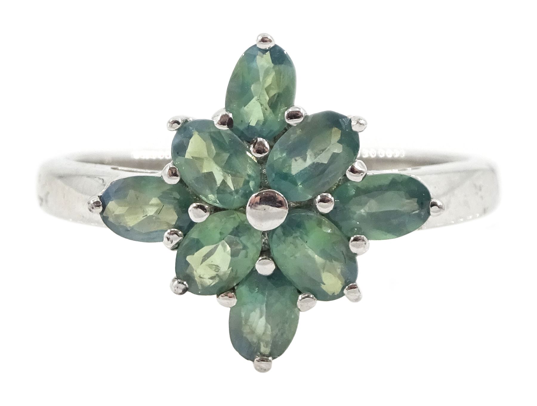 9ct white gold oval cut alexandrite cluster ring, hallmarked