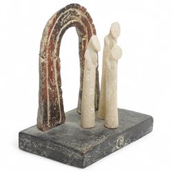 John Maltby (British 1936-2020): 'Three Figures and Archway', figural stoneware sculpture, signed titled and dated 2005 to base, impressed mark to front of base, W19cm H22cm