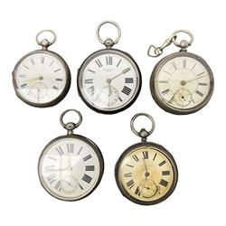 Five Victorian and Edwardian silver lever pocket watches including B.Mizakofsky, Leeds, S. Lichtenstein, Manchester and James Macken, Leeds, all with white enamel dials, Roman numerals and subsidiary seconds dials