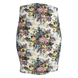 Pair of Louis XV-design giltwood stools, each upholstered in floral tapestry fabric, the carved frame adorned with scrolling foliage and shell motifs, raised on cabriole supports