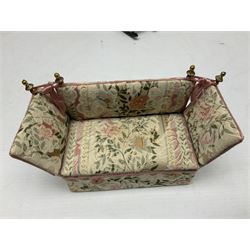 Collection of miniature dolls house furniture, to include five drawer chest painted with blossom, cream and gilt double door mirrored wardrobe, four piece lacquered style desk set, three piece suite, writing desk, wash stand, Knoll style sofa etc (14)