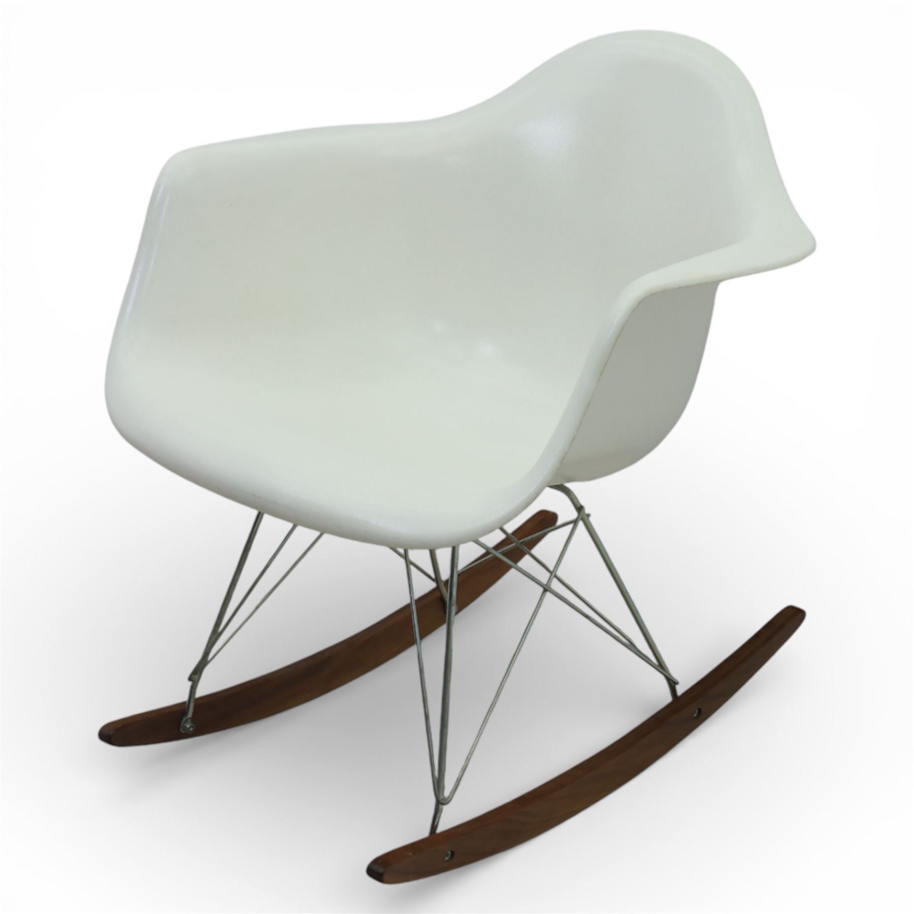 Modernica Los Angeles - RAR rocking chair, moulded white fibreglass shell with integrated arms, raised on chrome wire supports with shaped stained wooden rocking runners