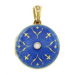 Victor Mayer for Fabergé 18ct gold pendant, guilloche blue enamel circular locket set with...