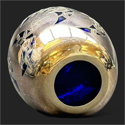 20th century Friedrich Spahr blue glass vase, decorated in silver overlay with stylised flowers in crescent moons, marked Spahr 1000/10, H11cm  