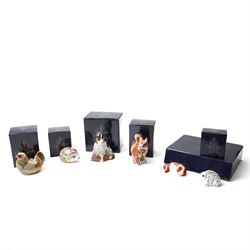 Six Royal Crown Derby paperweights comprising 'Hawthorne' hedgehog with gold stopper, baby...