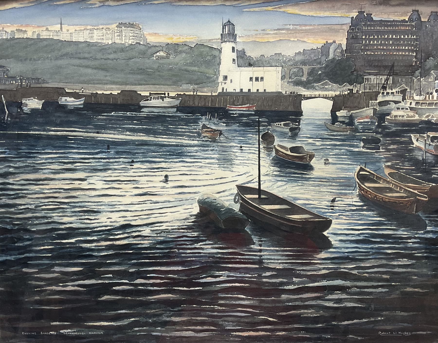 Robert L Hughes (British 20th century): 'Evening Shadows - Scarborough Harbour', watercolour signed and titled 43cm x 56cm
