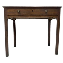 19th century oak side table, rectangular top with mahogany crossbanding, fitted with single drawer, raised on square chamfered supports