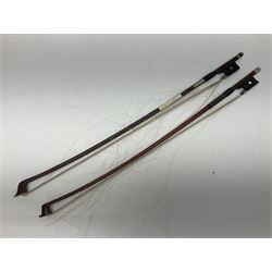 Two student half-size cellos - Boosey & Hawkes Artia with 65cm one-piece back and spruce top; bears maker's label; L104cm overall; and Romanian with 65.5cm two-piece maple back and ribs and spruce top; bears label; L108.5cm overall; each in soft carrying case with two bows (2)