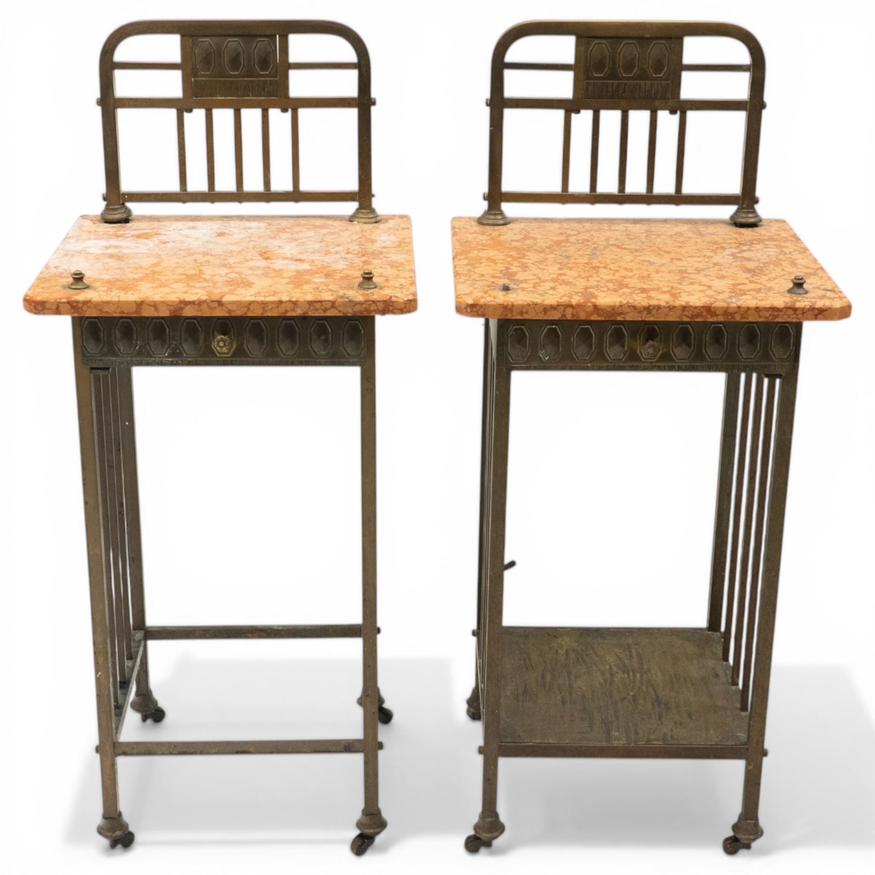 Pair of European Art Deco brass and marble bedside tables, the raised bass back over a canted rectangular marble top, fitted with single drawer decorated with repeating octagonal decoration, raised on square tubular supports with castors, united by undertier