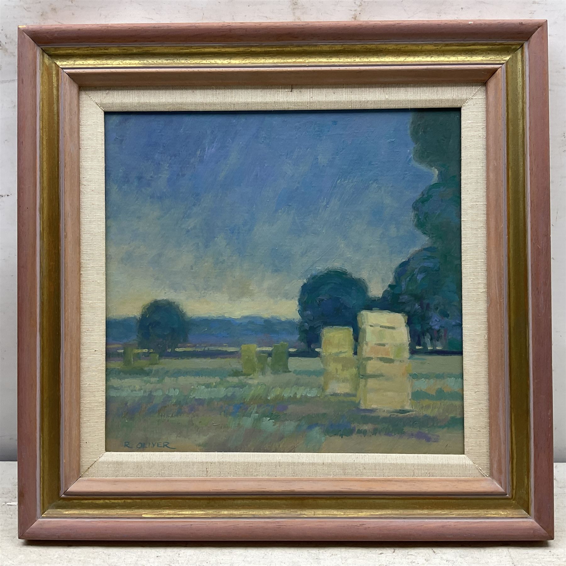Raymond Oliver (British 1933-): 'Wolds Harvest', oil on board signed, titled and dated 1989 on label verso 29cm x 30cm 