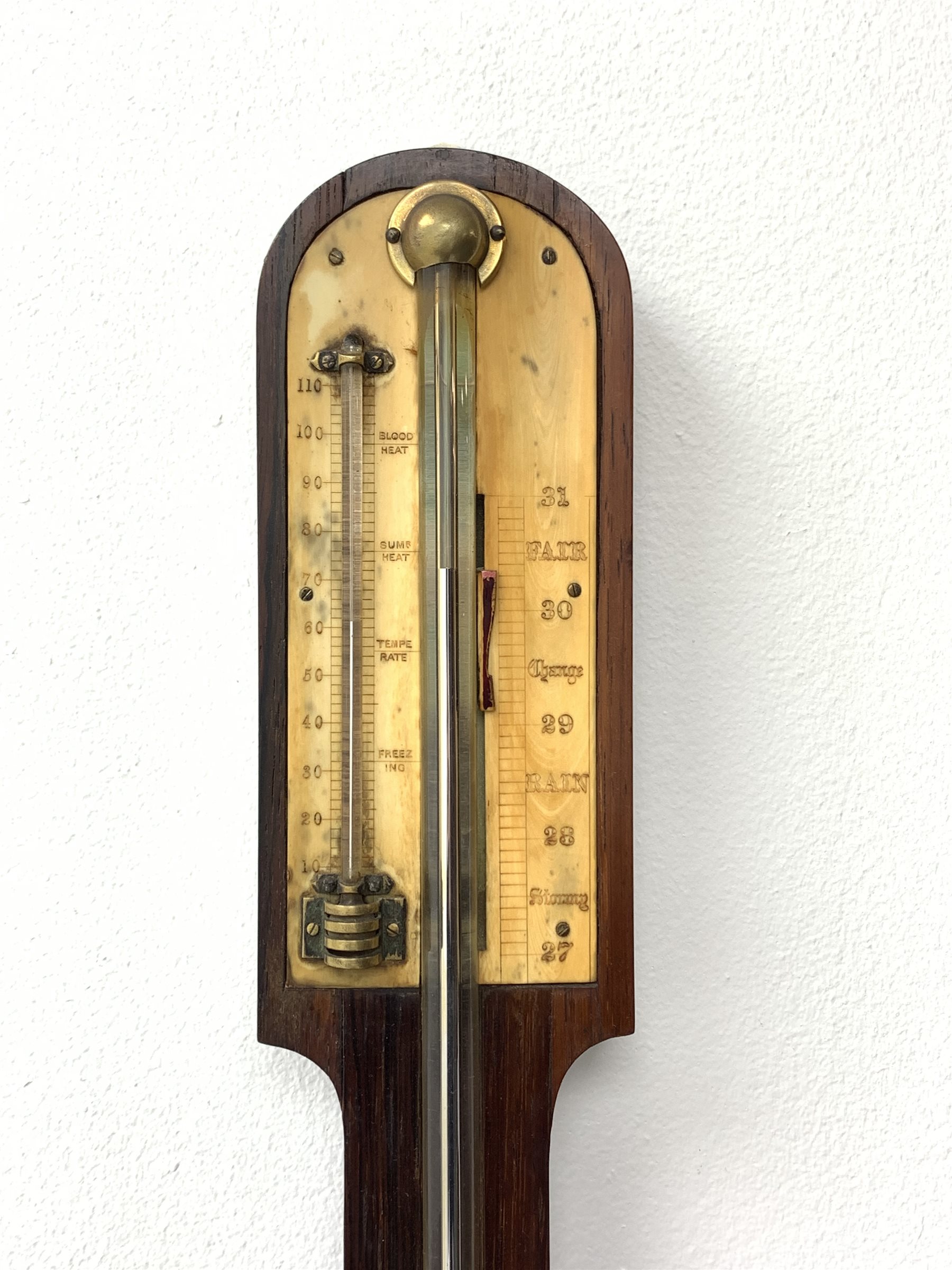 Early 19th century solid rosewood mercury stick barometer, inscribed ivory register, mercury