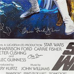 Limited edition multi-signed one sheet Star Wars poster, signed by Kenny Baker, Jerome Blake, Phil Brown, Jeremy Bulloch, Silas Carson, Mike Carter, Michaela Cottrell, Oliver Ford Davies, Mike Edmonds, Garrick Hagan and Michael Sheard, with certificate of authenticity form Collector Zone, framed, poster H90cm, W62cm