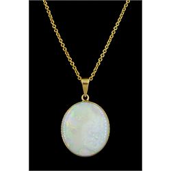 9ct gold single stone opal pendant, hallmarked, on 18ct gold cable link necklace